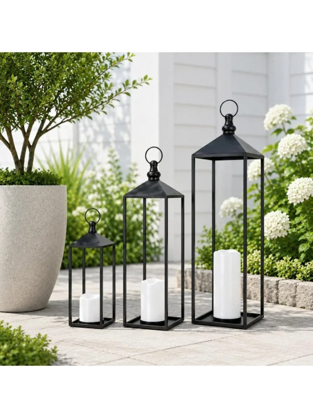 Set of 3 Large Black LED Lanterns with Flameless Candles for Indoor & Outdoor